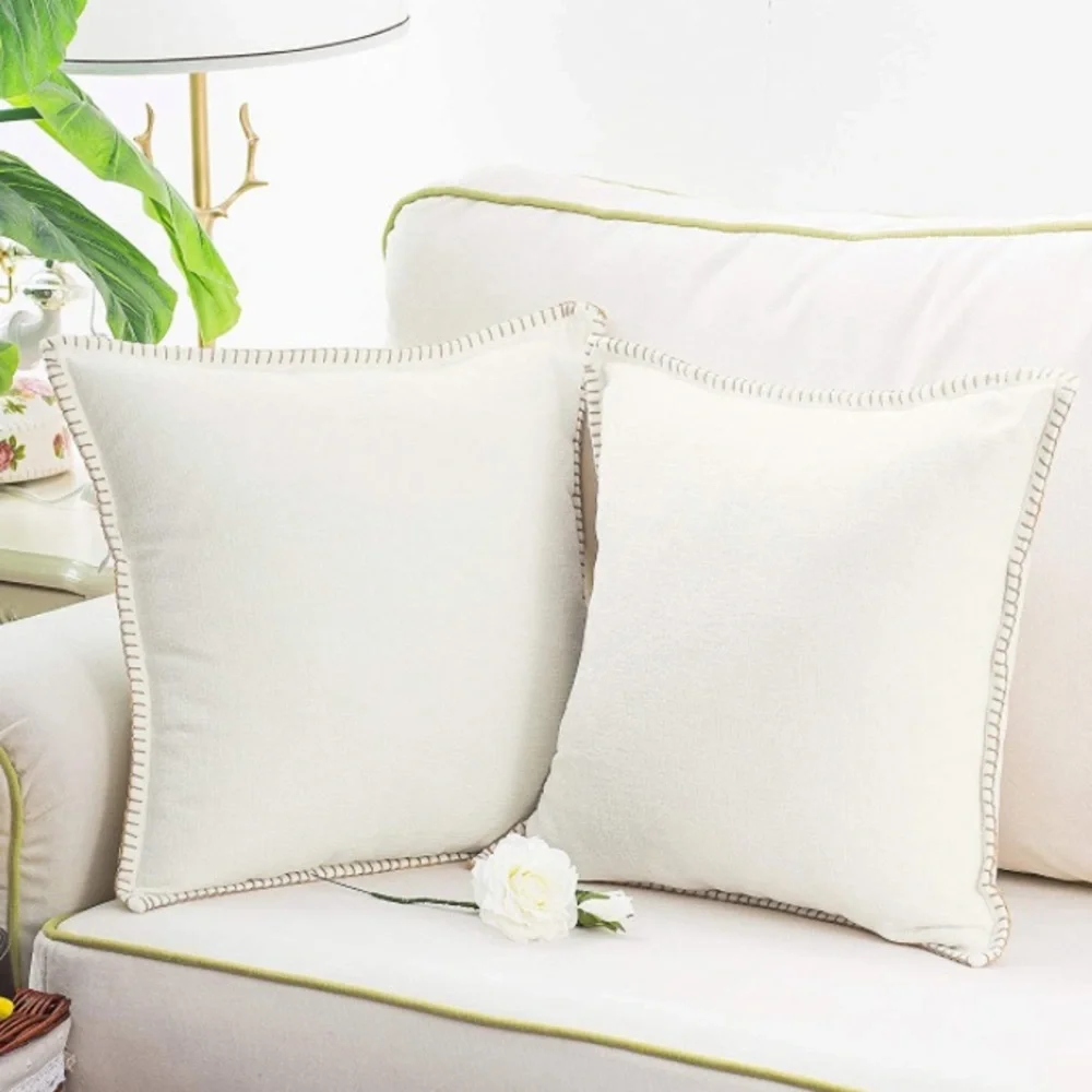 Luxury Home | Elegant Cream Soft Chenille Wide Stitch Trim Throw Pillow Covers